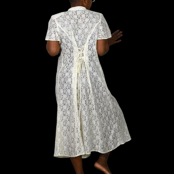 Vintage Lace Midi Dress White Ivory Button Front 80s Sheer Corset Lacing Medium - Picture 2 of 16